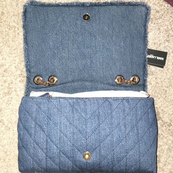 Karl Lagerfeld NWT Denim Blue and Gold Quilted Shoulder Bag - Picture 4 of 10